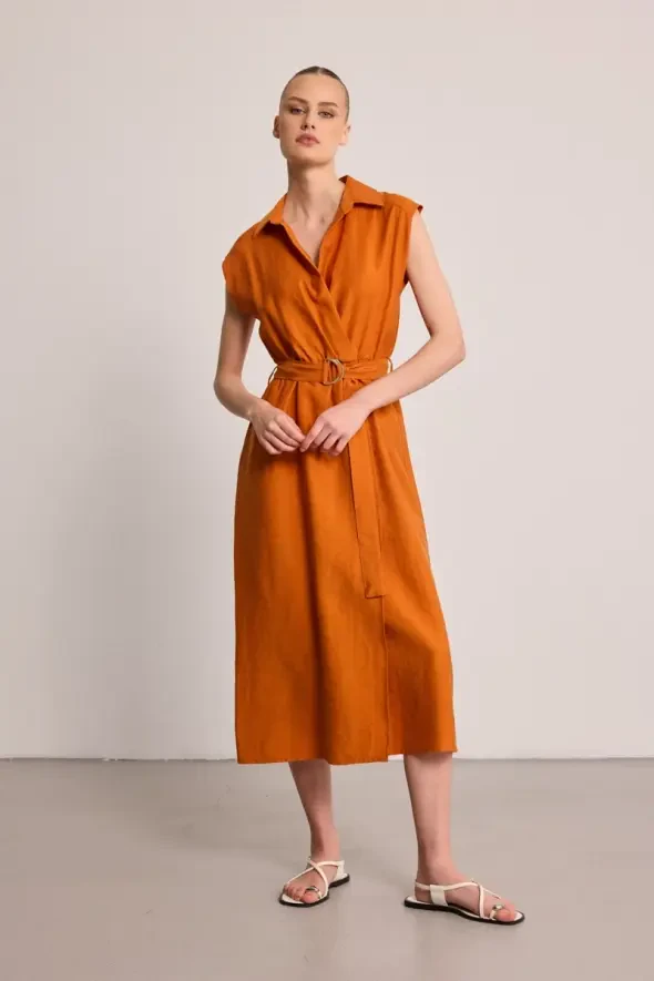 Belted Long Lyocell Dress - Brick Red - Gusto
