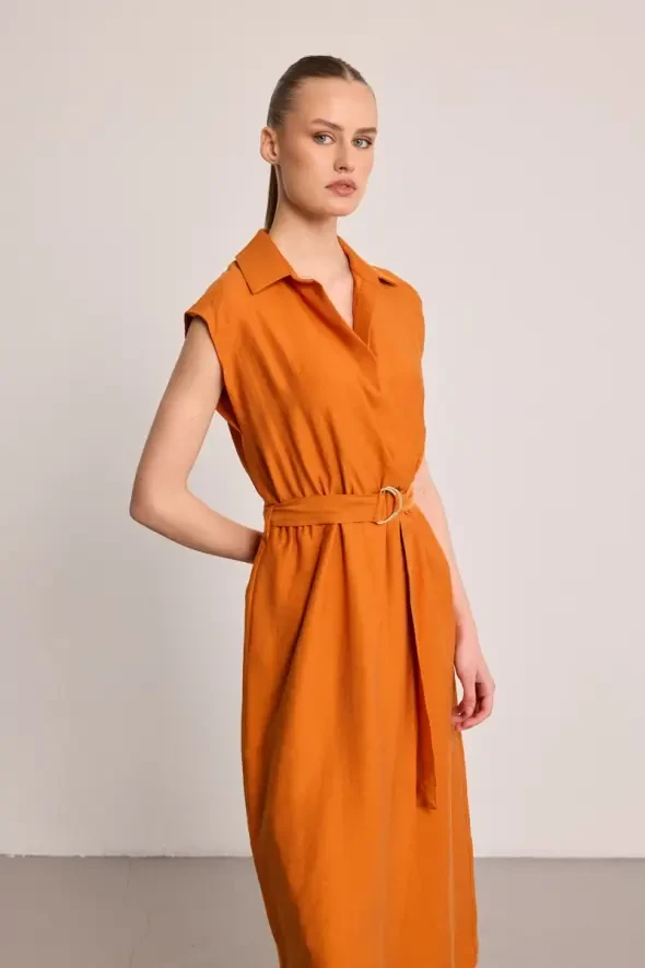 Belted Long Lyocell Dress - Brick Red - 2