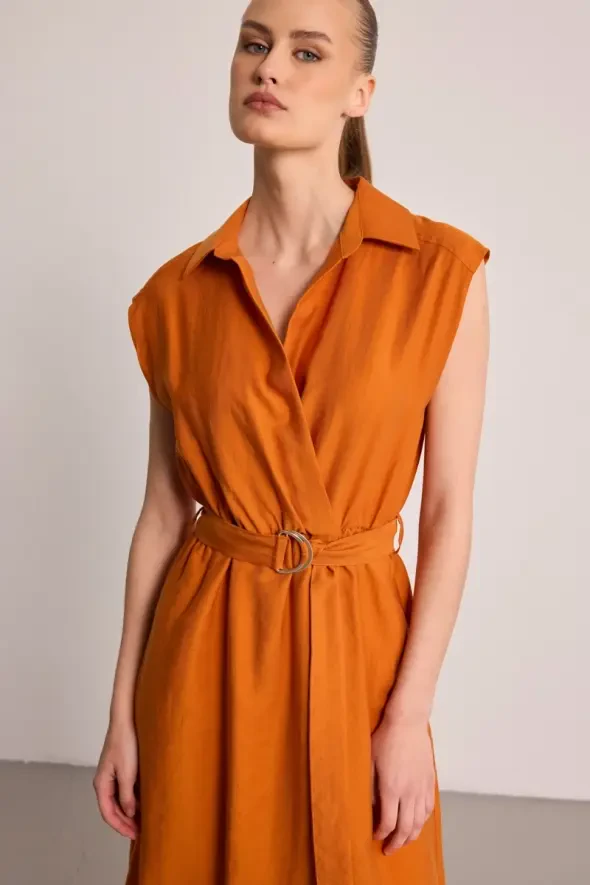 Belted Long Lyocell Dress - Brick Red - 3