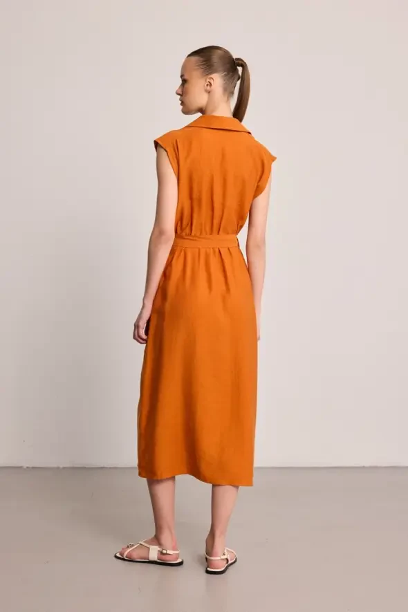 Belted Long Lyocell Dress - Brick Red - 4