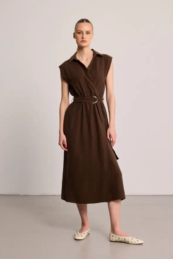 Belted Long Lyocell Dress - Brown - 1