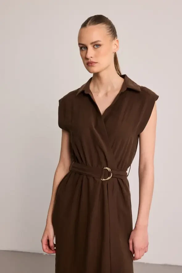 Belted Long Lyocell Dress - Brown - 2