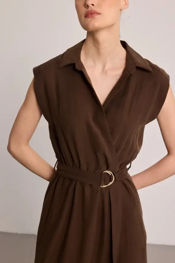 Belted Long Lyocell Dress - Brown - 3