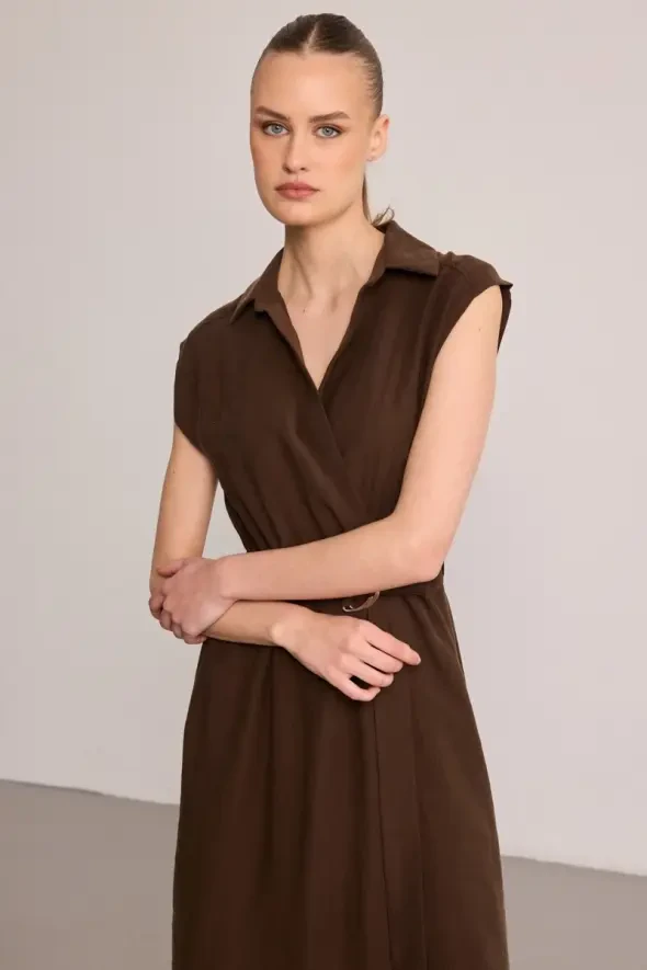 Belted Long Lyocell Dress - Brown - 4