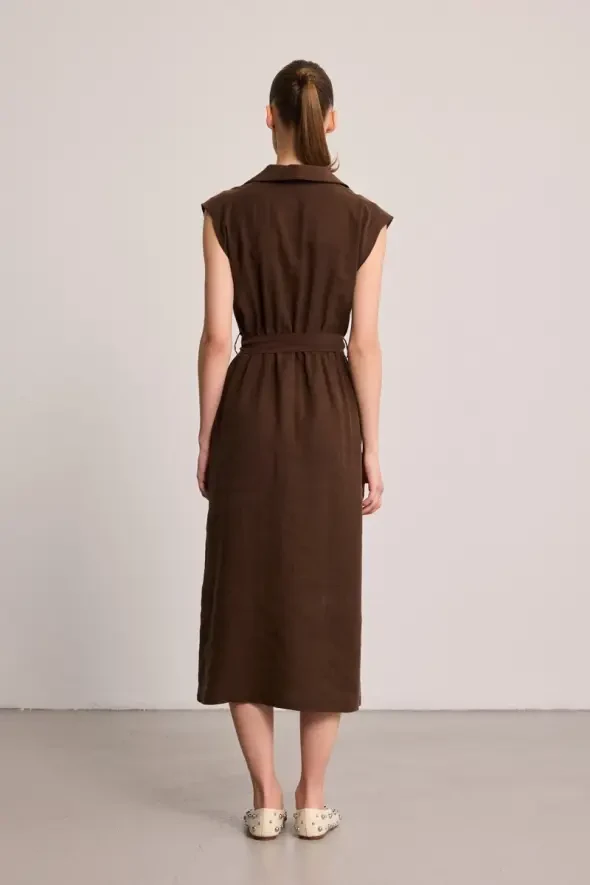 Belted Long Lyocell Dress - Brown - 5