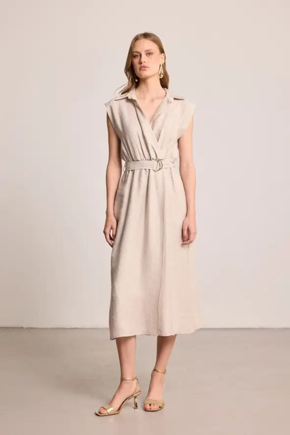 Belted Long Lyocell Dress - Stone - 3
