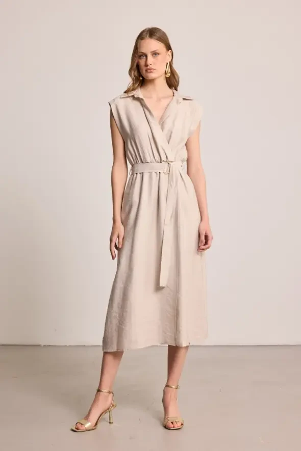 Belted Long Lyocell Dress - Stone - 1