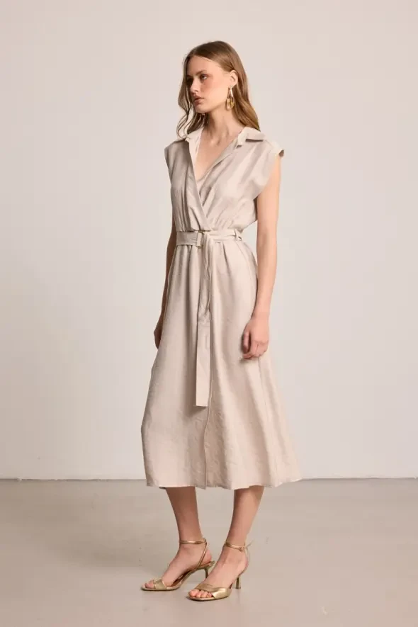 Belted Long Lyocell Dress - Stone - 4