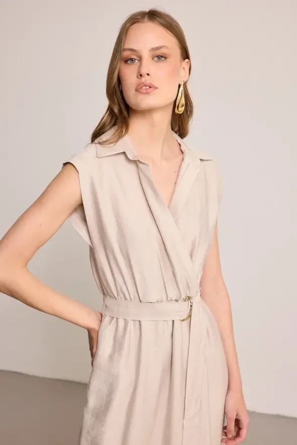 Belted Long Lyocell Dress - Stone - 2
