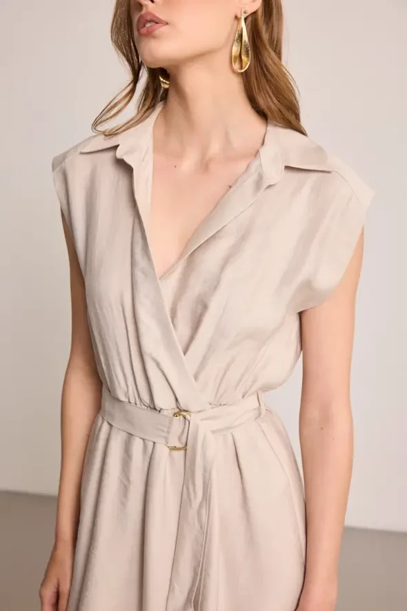 Belted Long Lyocell Dress - Stone - 5