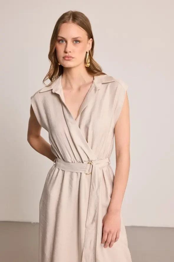 Belted Long Lyocell Dress - Stone - 6