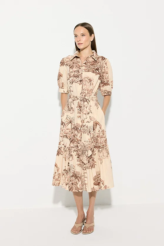 Belted Long Shirt Dress - Beige - Gusto