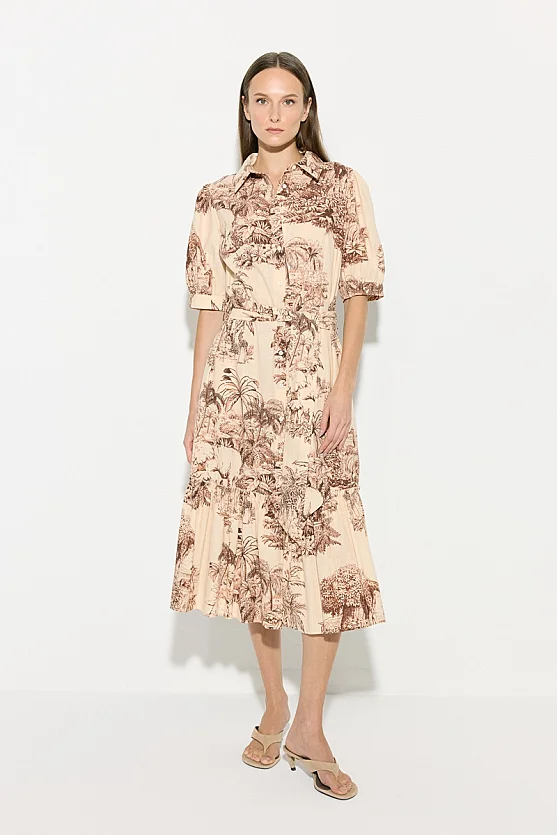 Belted Long Shirt Dress - Beige - Gusto