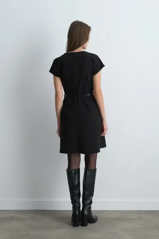 Belted Low Sleeve Dress - Black - 5