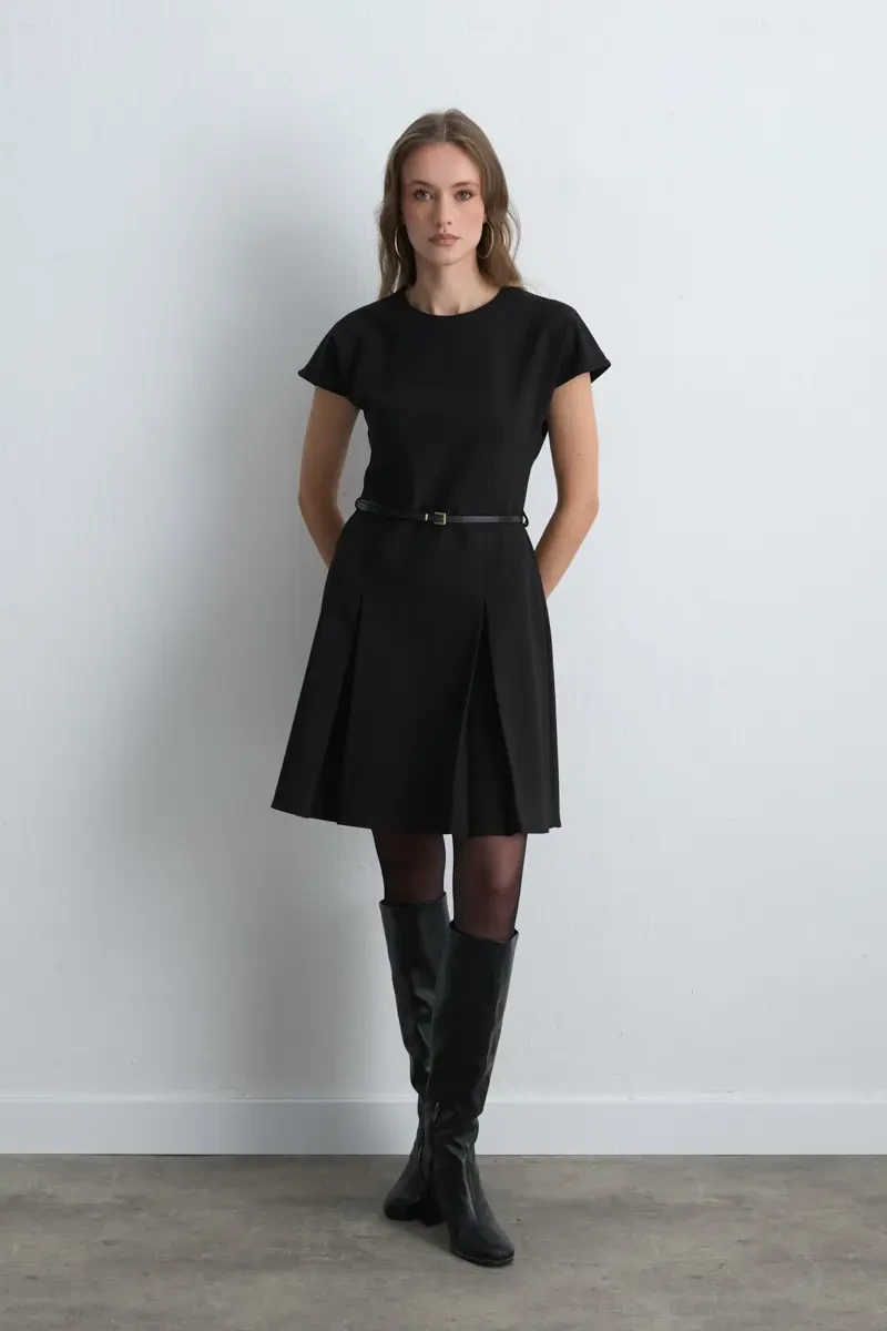 Belted Low Sleeve Dress - Black Black