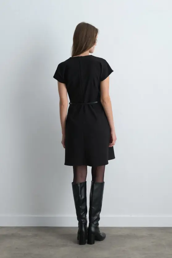 Belted Low Sleeve Dress Black - Gusto