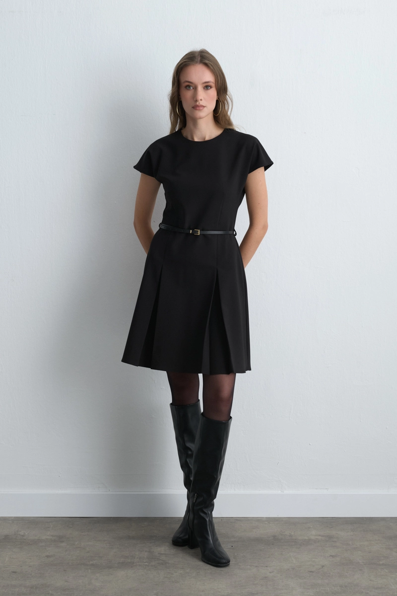 Belted Low Sleeve Dress Black - 1