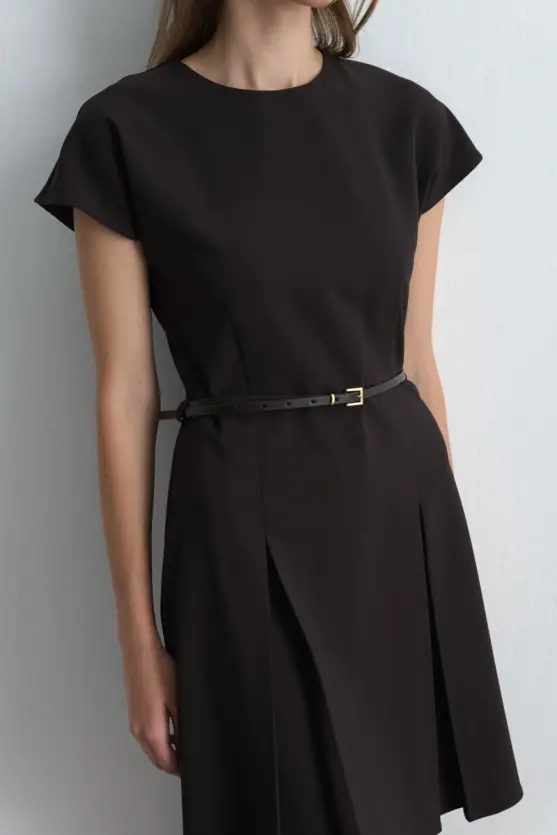 Belted Low Sleeve Dress - Brown - Gusto