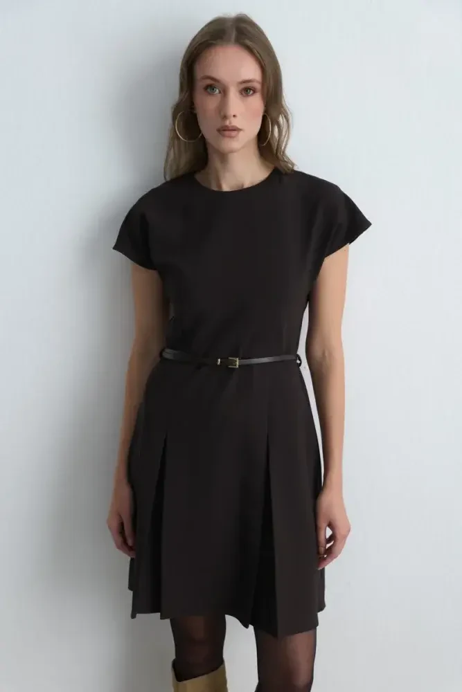 Belted Low Sleeve Dress - Brown