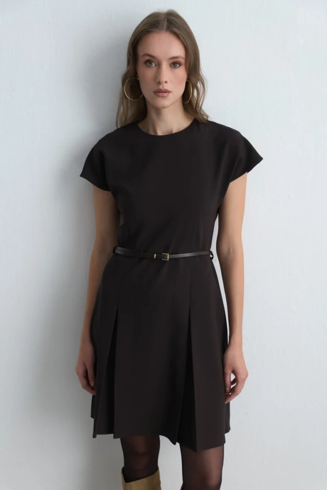 Belted Low Sleeve Dress Brown