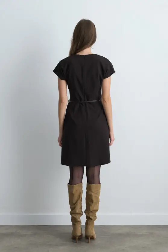 Belted Low Sleeve Dress Brown - 5