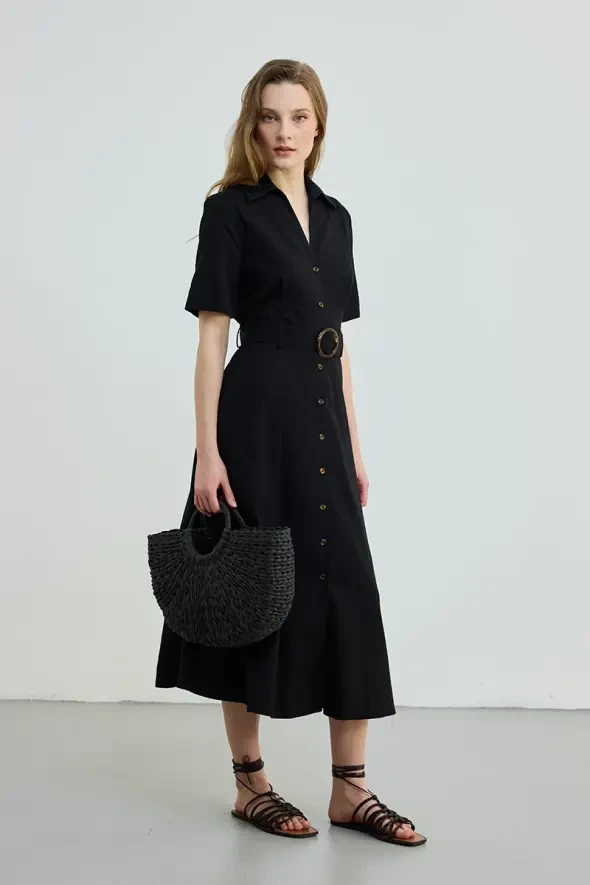 Belted Lyocell Long Dress - Black - 1