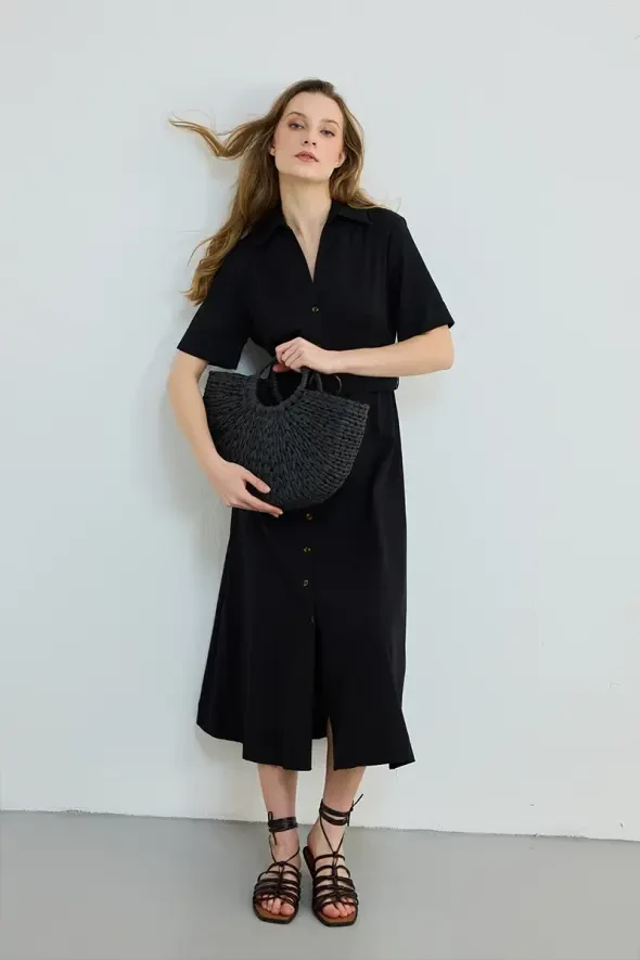 Belted Lyocell Long Dress - Black - 2