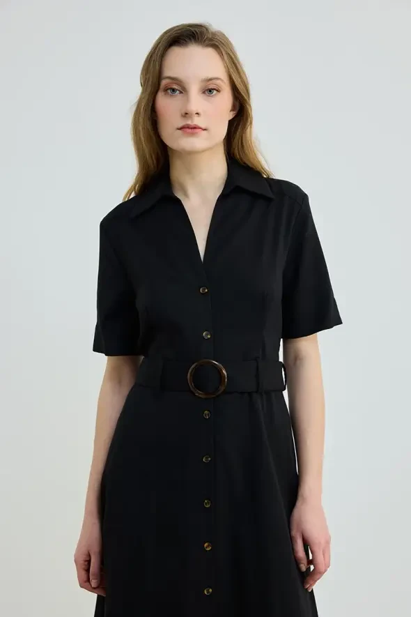 Belted Lyocell Long Dress - Black - 3