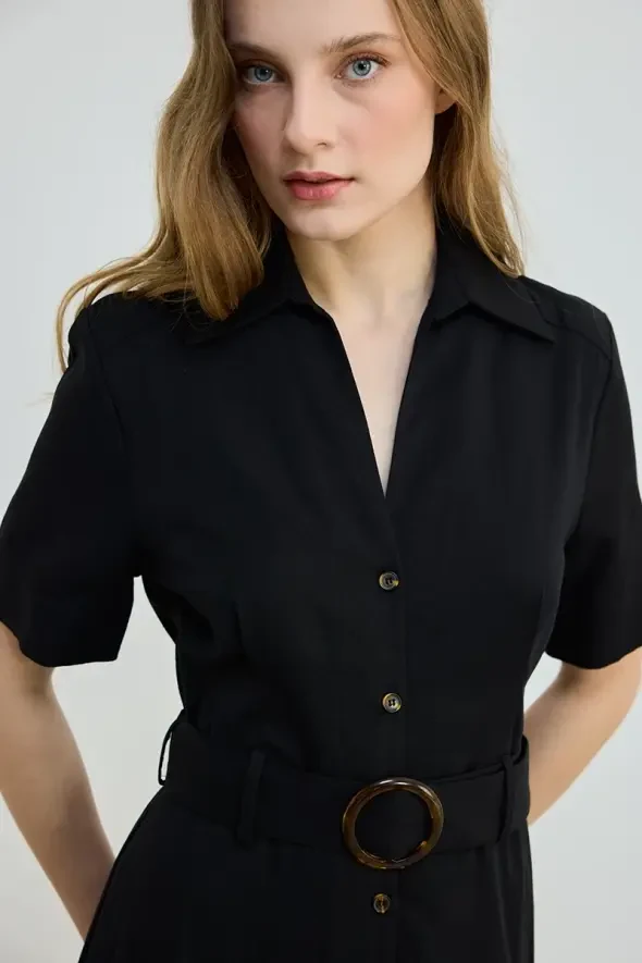 Belted Lyocell Long Dress - Black - 4