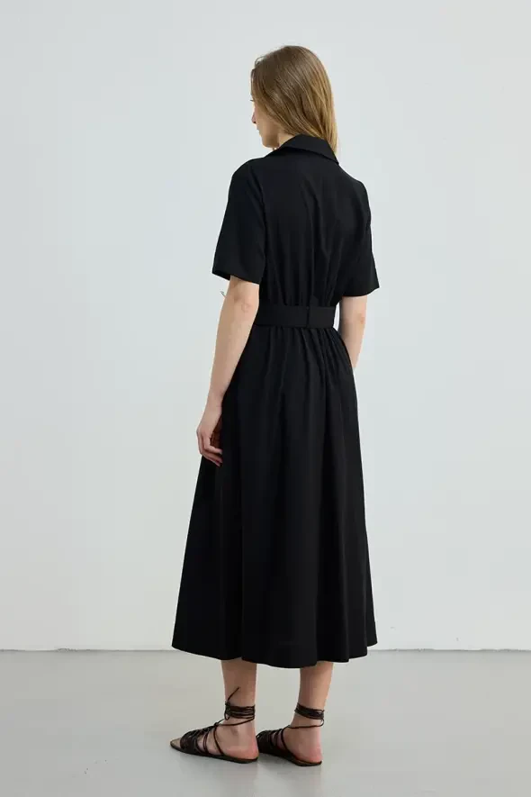 Belted Lyocell Long Dress - Black - 5