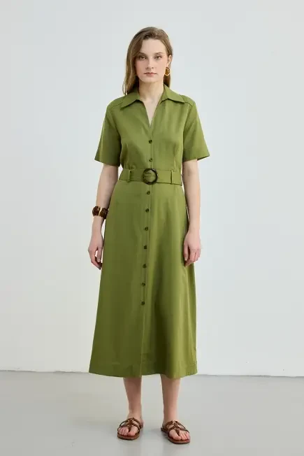 Belted Lyocell Long Dress - Green Green