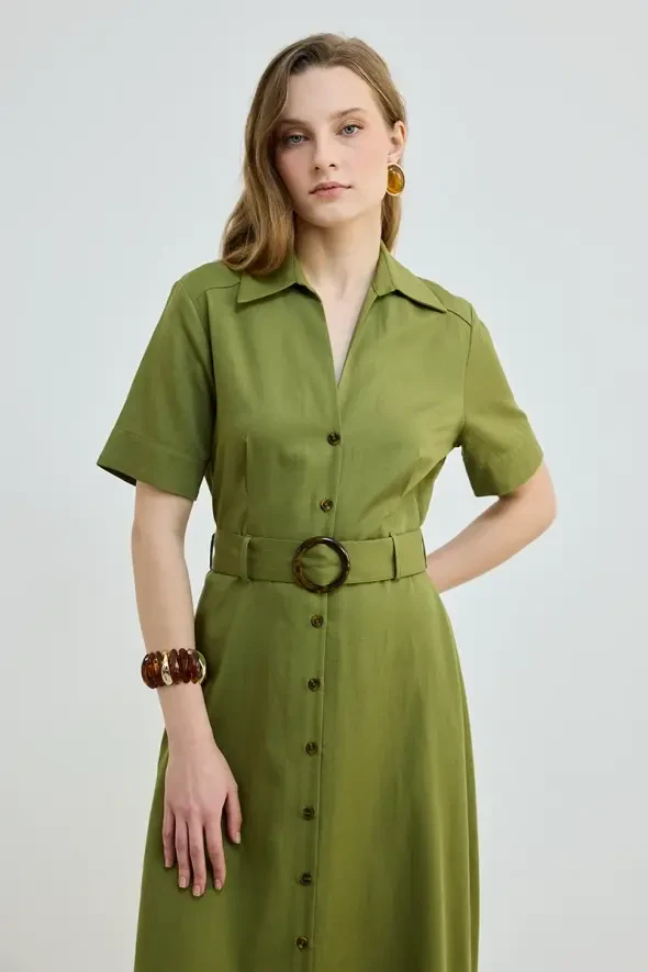 Belted Lyocell Long Dress - Green - 2