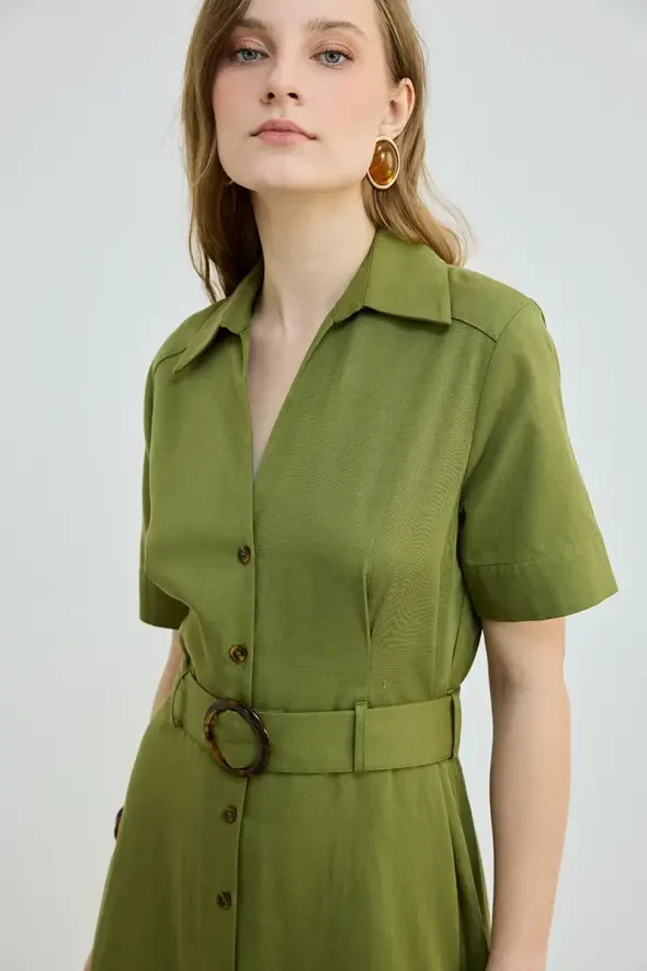 Belted Lyocell Long Dress - Green - 3