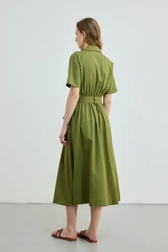 Belted Lyocell Long Dress - Green - 4