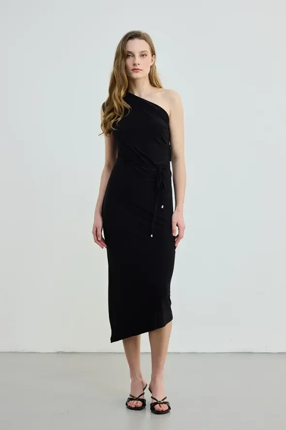 Belted One Shoulder Jersey Dress - Black - 1