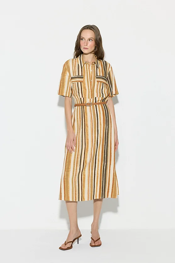 Belted Patterned Viscose Midi Shirt Dress - Beige - Gusto