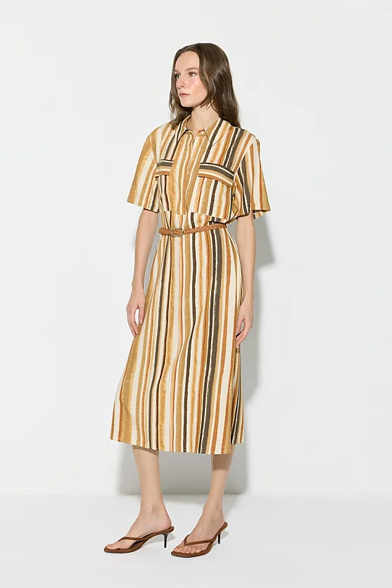 Belted Patterned Viscose Midi Shirt Dress - Beige - Gusto