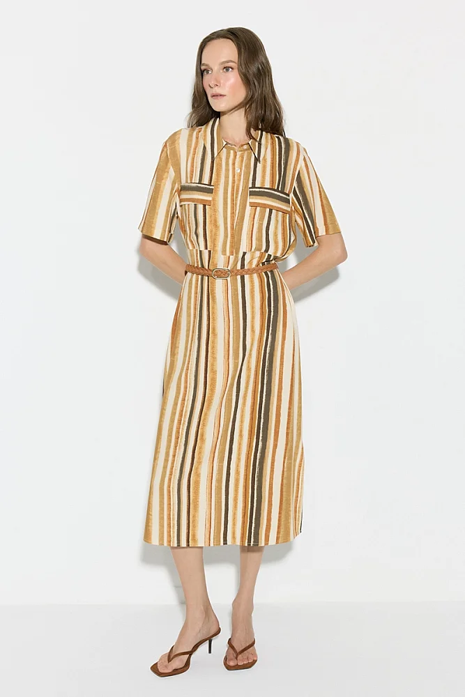 Belted Patterned Viscose Midi Shirt Dress - Beige Beige