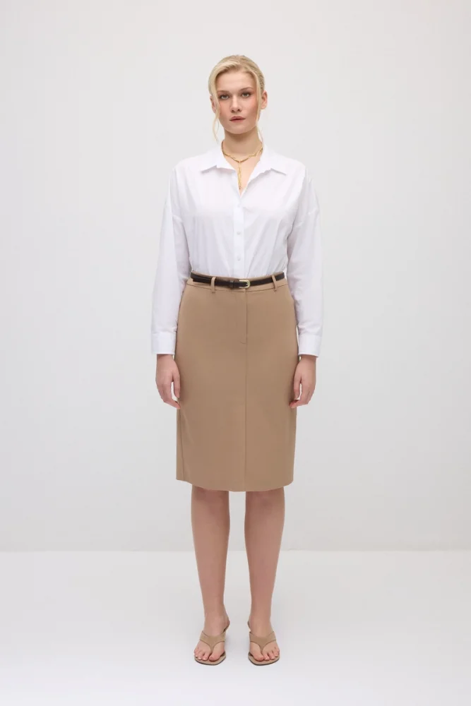 Belted Pencil Skirt - Beige Beige