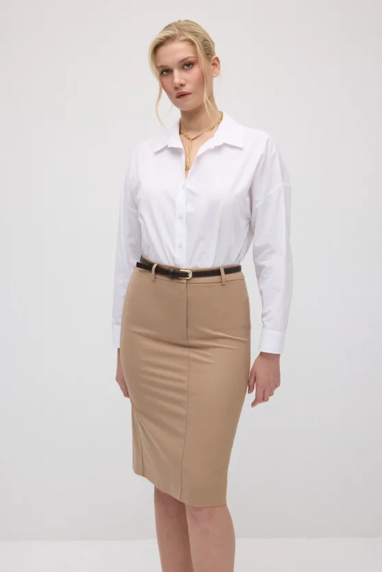 Belted Pencil Skirt - Beige - 6