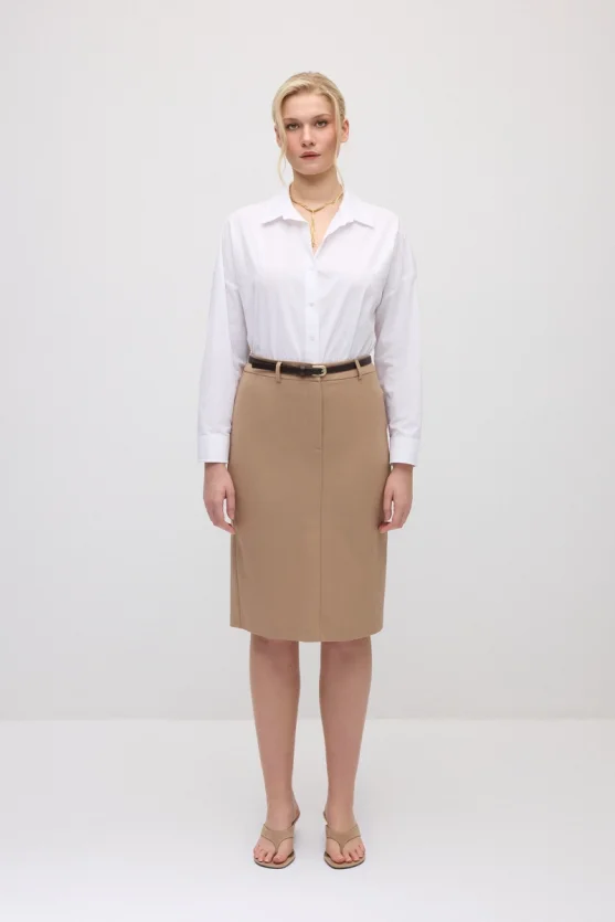 Belted Pencil Skirt - Beige - 1