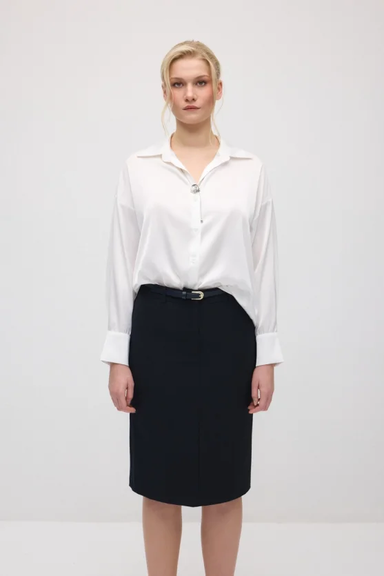 Belted Pencil Skirt - Navy Blue - 2