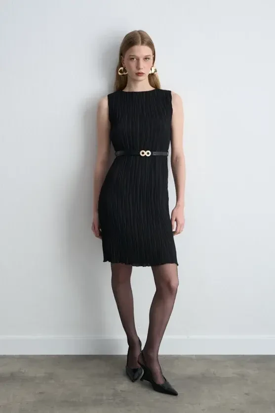 Belted Pleated Dress - Black - 2