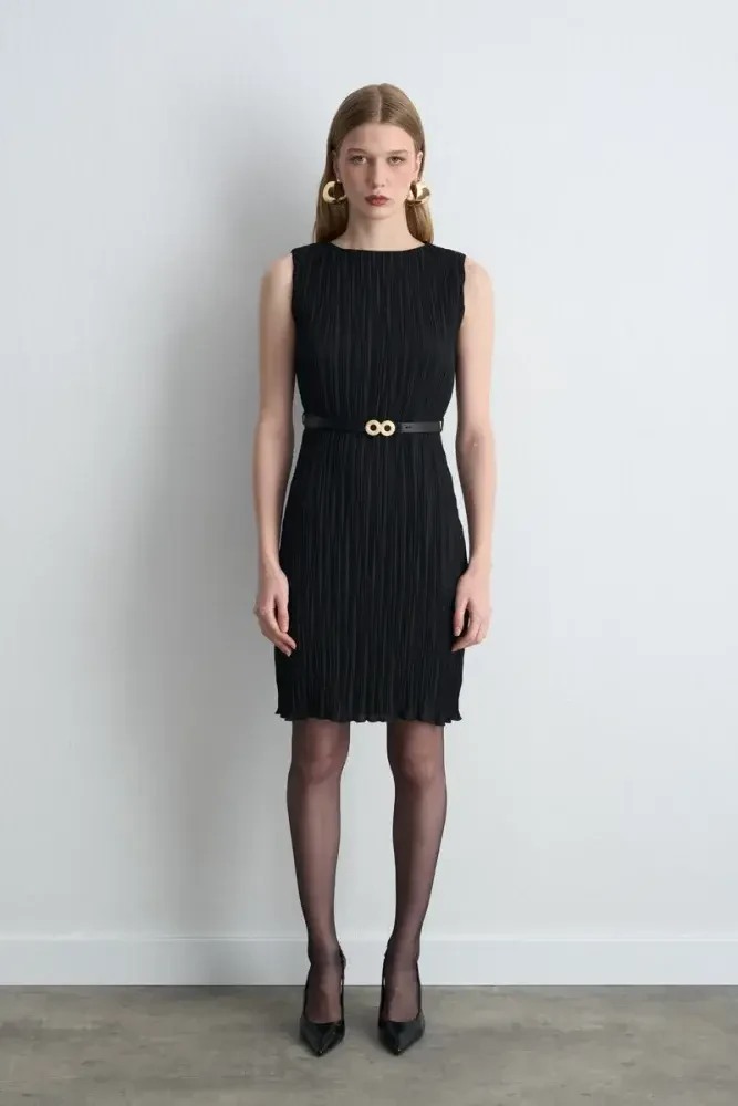 Belted Pleated Dress - Black Black