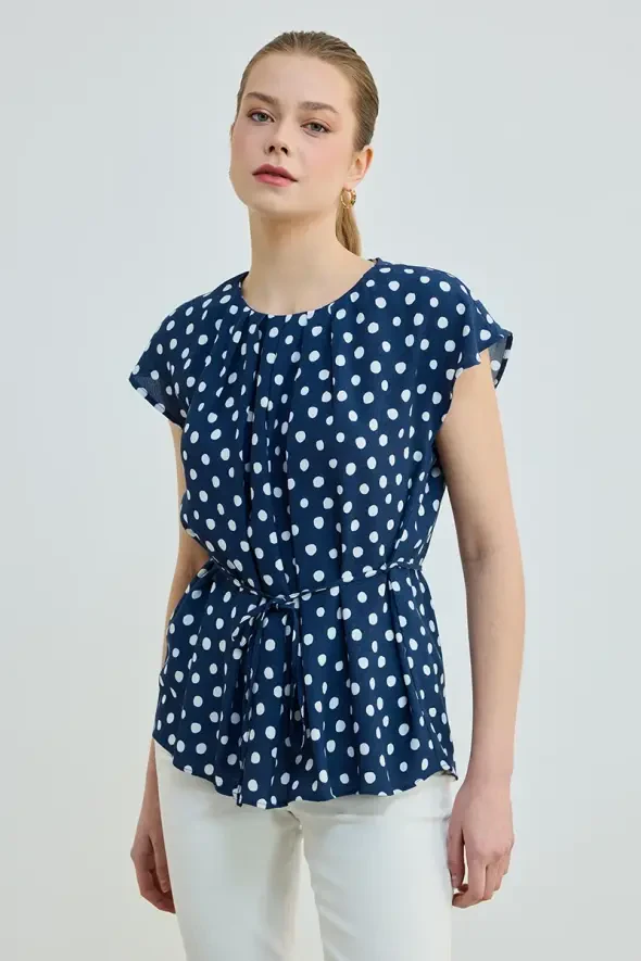Belted Polka Dot Blouse - Navy - 1