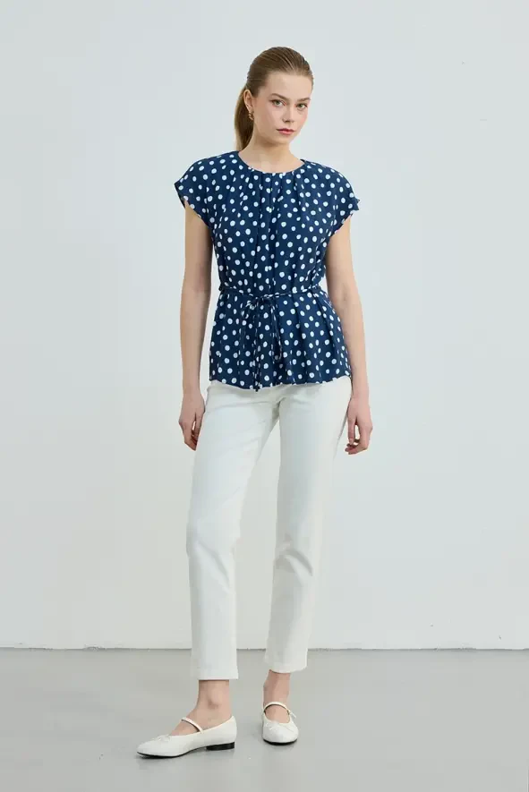 Belted Polka Dot Blouse - Navy - 2