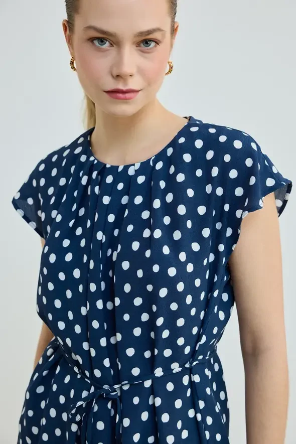 Belted Polka Dot Blouse - Navy - 3