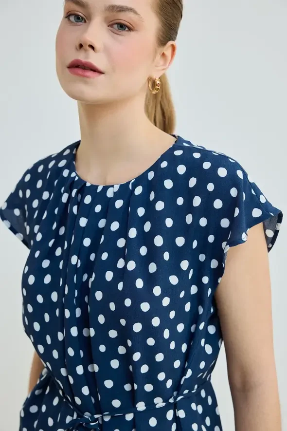 Belted Polka Dot Blouse - Navy - 4