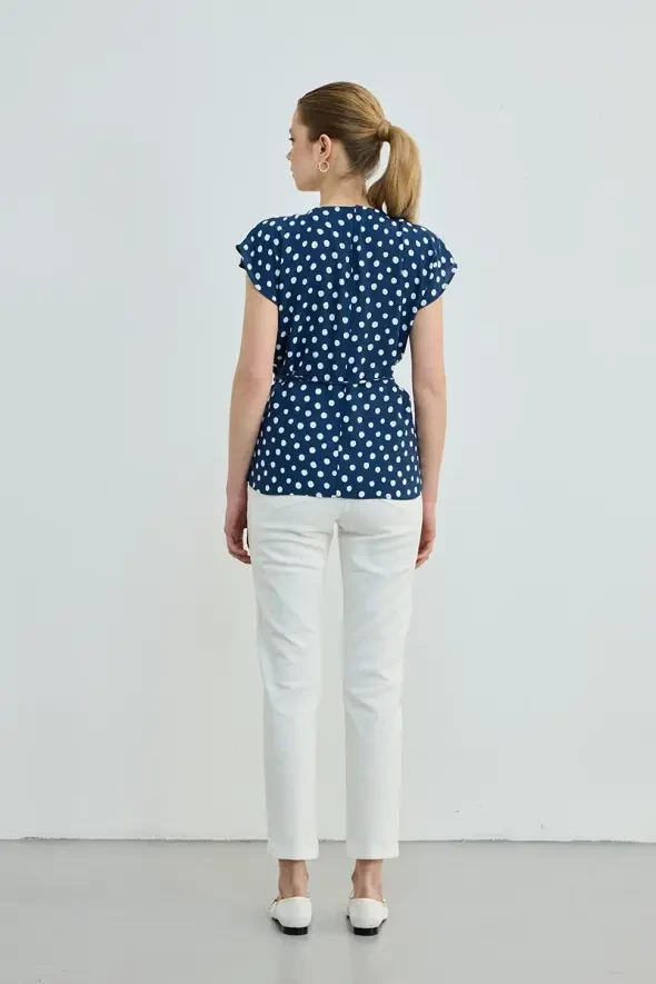 Belted Polka Dot Blouse - Navy - 5