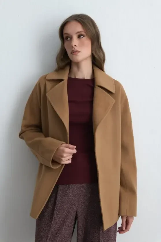 Belted Short Coat - Camel - 4